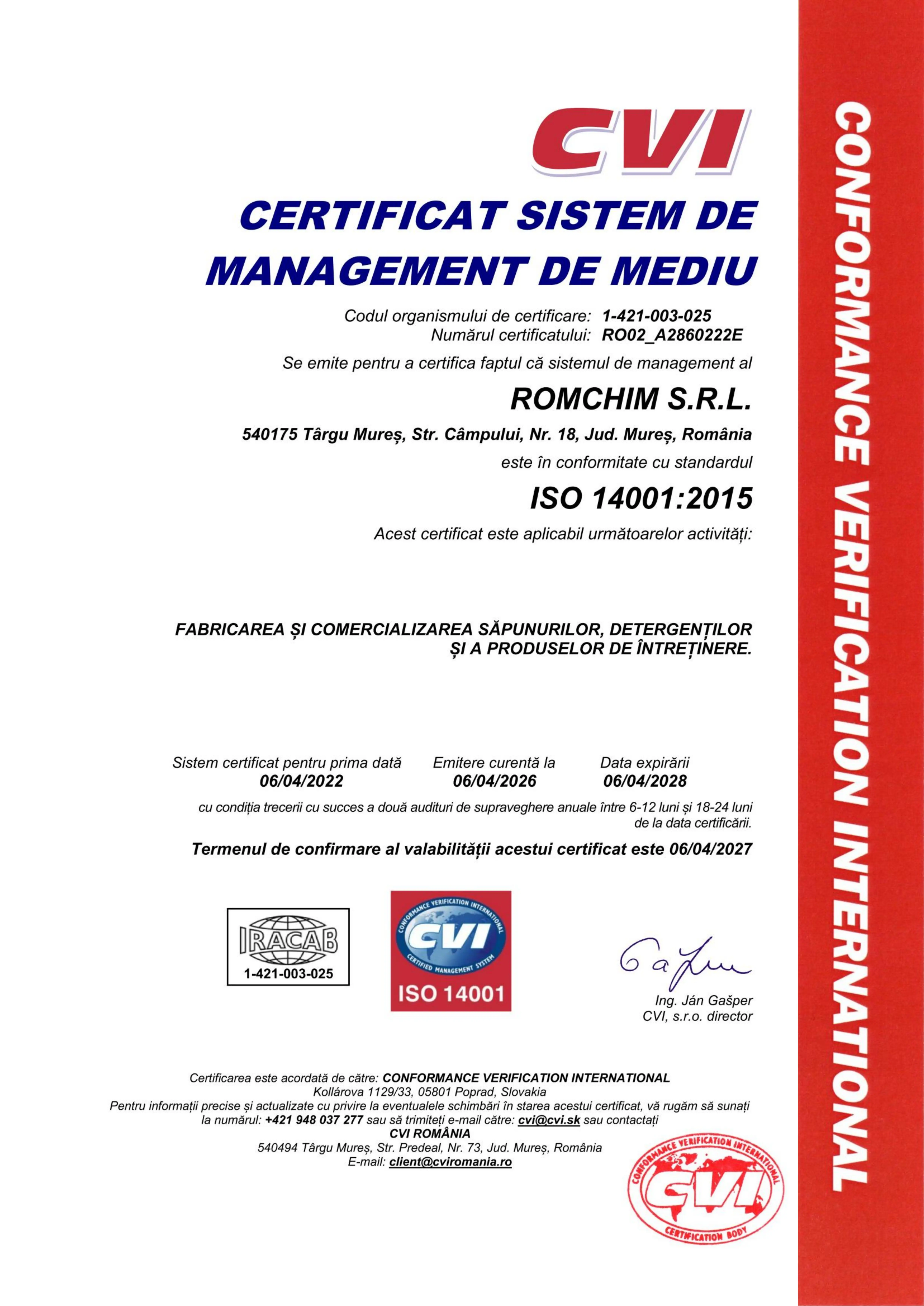 Certificat ISO 14001 RO